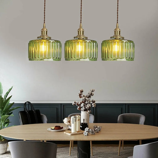 Fluted Glass Short Cylinder Pendant LED Light in Vintage Style