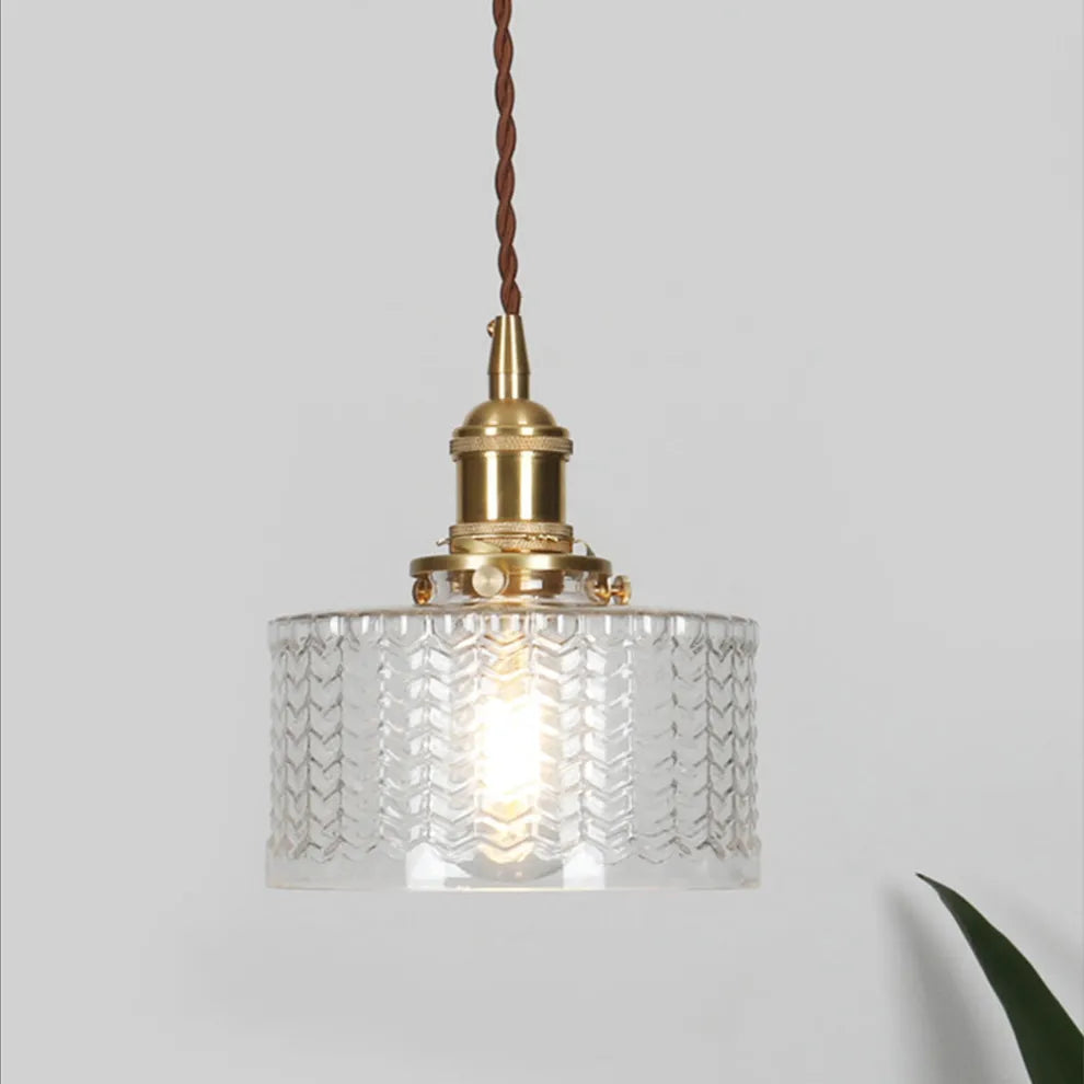 Fluted Glass Short Cylinder Pendant LED Light in Vintage Style