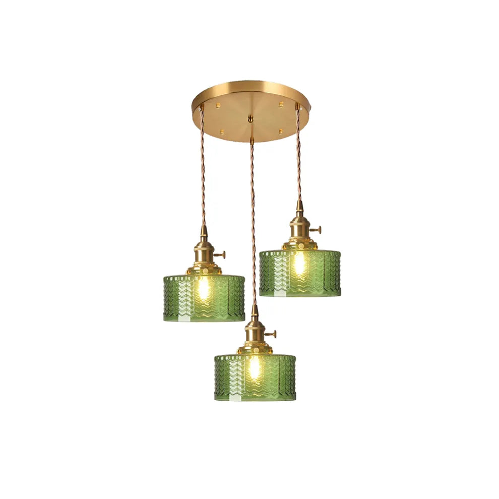 Fluted Glass Short Cylinder Pendant LED Light in Vintage Style