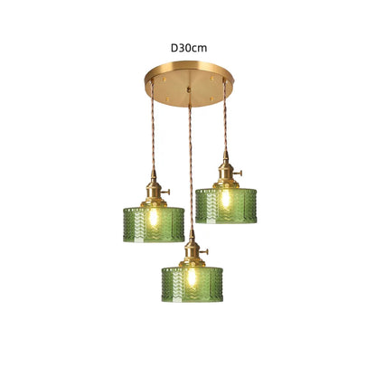 Fluted Glass Short Cylinder Pendant LED Light in Vintage Style
