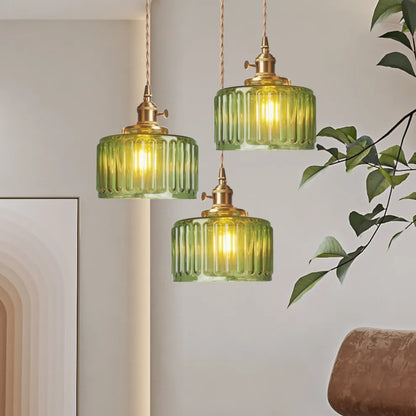 Fluted Glass Short Cylinder Pendant LED Light in Vintage Style