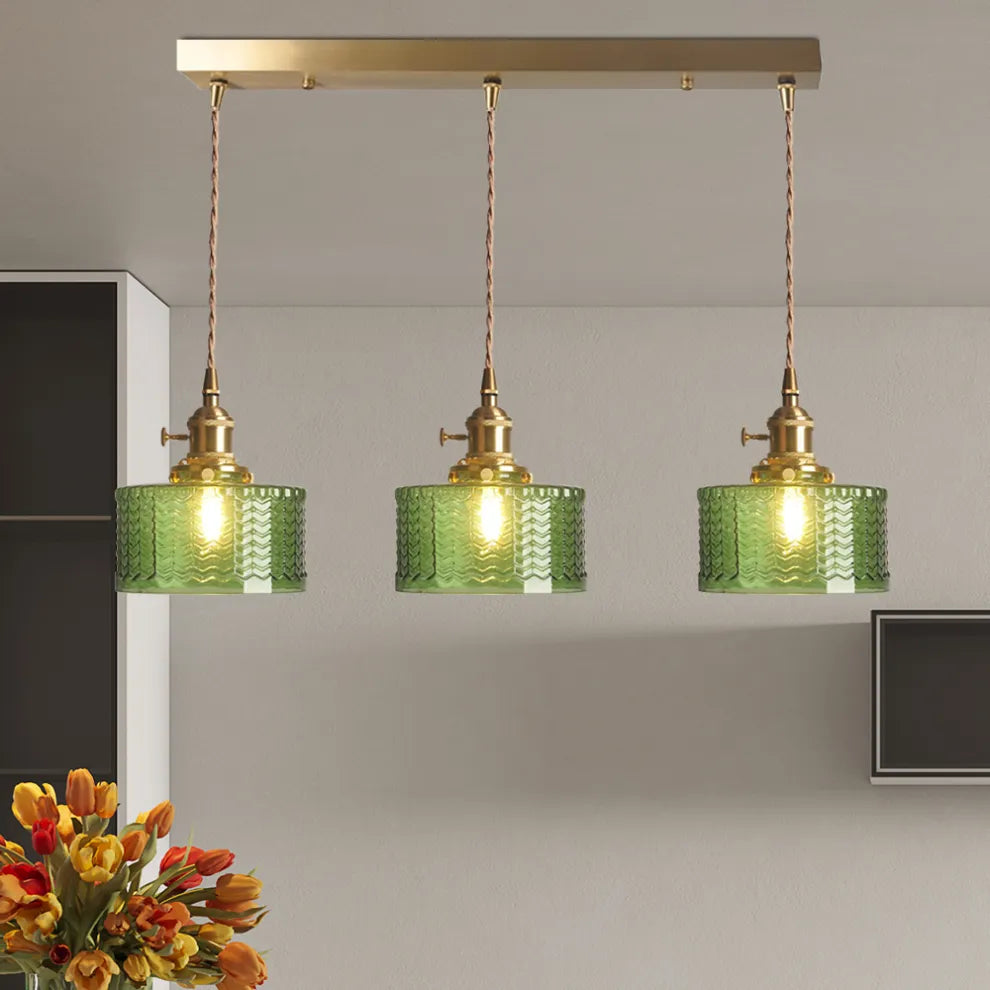 Fluted Glass Short Cylinder Pendant LED Light in Vintage Style