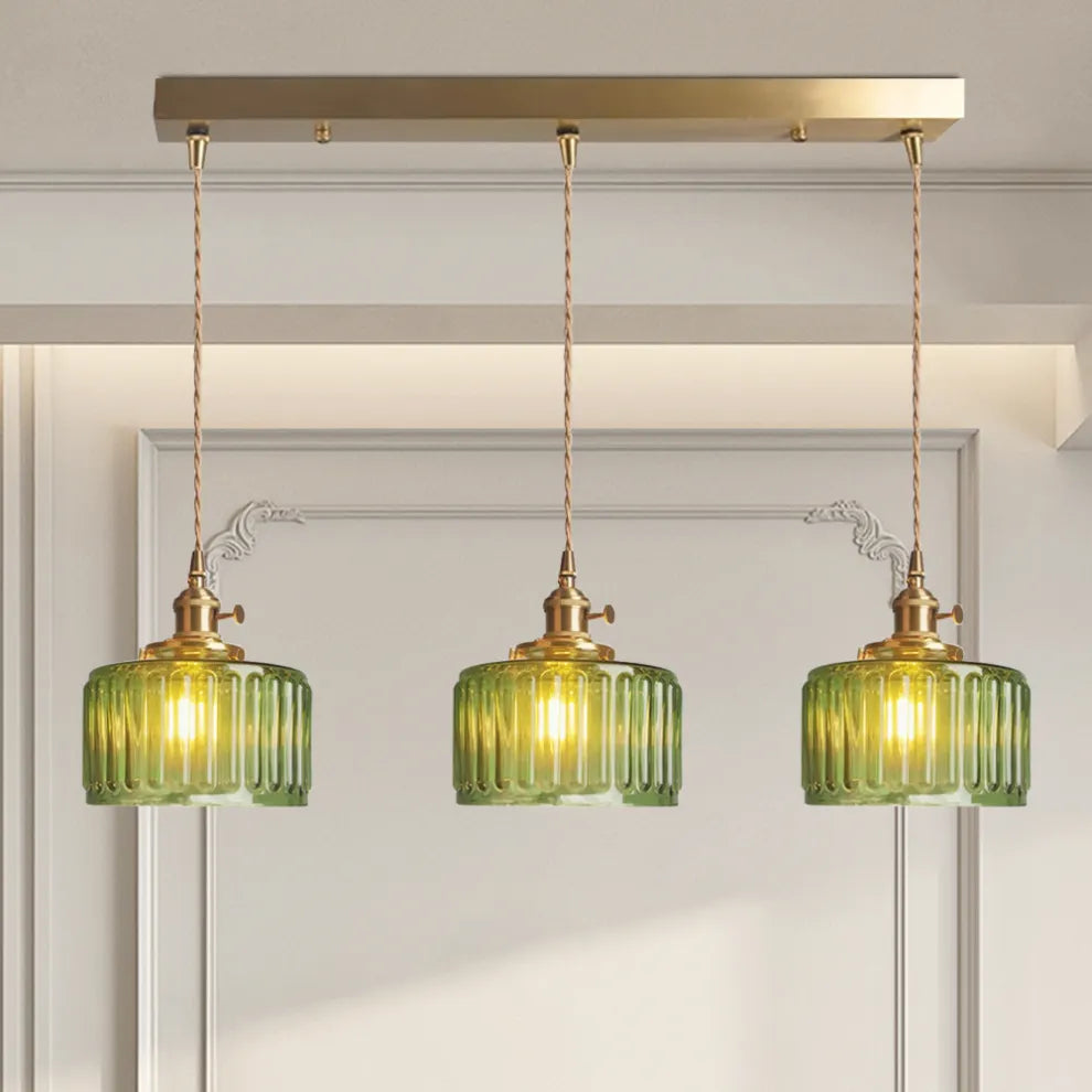 Fluted Glass Short Cylinder Pendant LED Light in Vintage Style