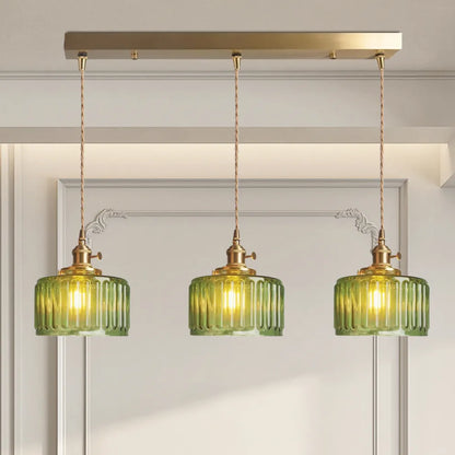 Fluted Glass Short Cylinder Pendant LED Light in Vintage Style