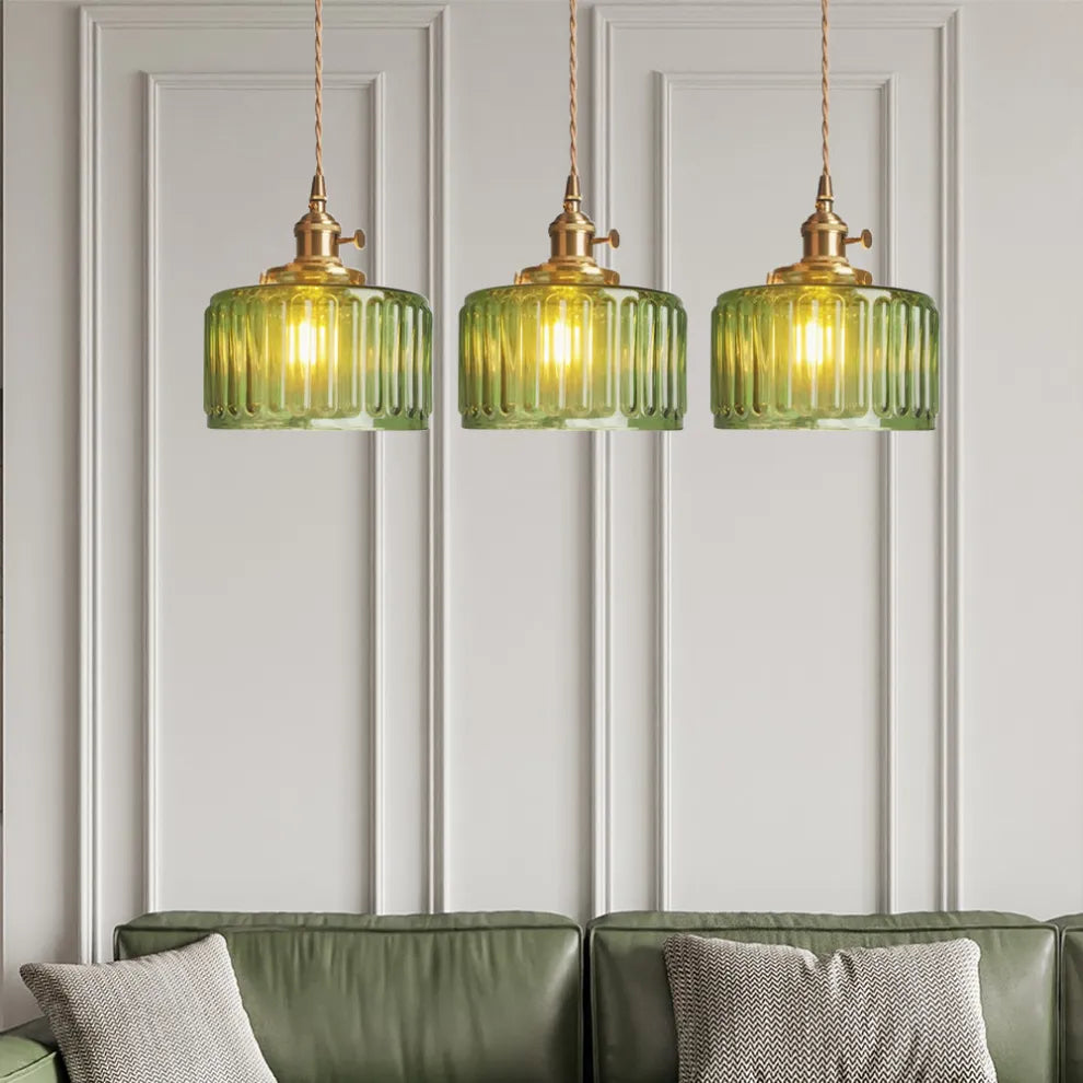 Fluted Glass Short Cylinder Pendant LED Light in Vintage Style