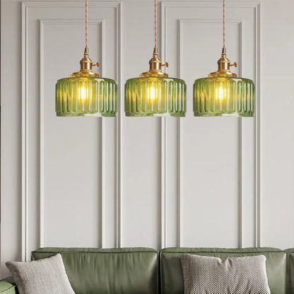 Fluted Glass Short Cylinder Pendant LED Light in Vintage Style