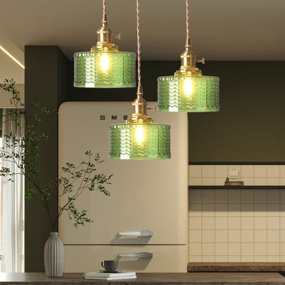 Fluted Glass Short Cylinder Pendant LED Light in Vintage Style