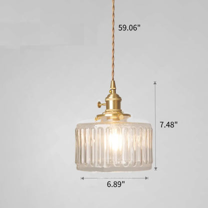 Fluted Glass Short Cylinder Pendant LED Light in Vintage Style