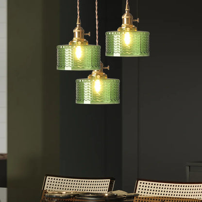 Fluted Glass Short Cylinder Pendant LED Light in Vintage Style