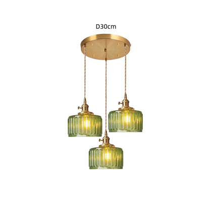 Fluted Glass Short Cylinder Pendant LED Light in Vintage Style