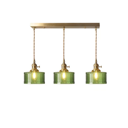 Fluted Glass Short Cylinder Pendant LED Light in Vintage Style