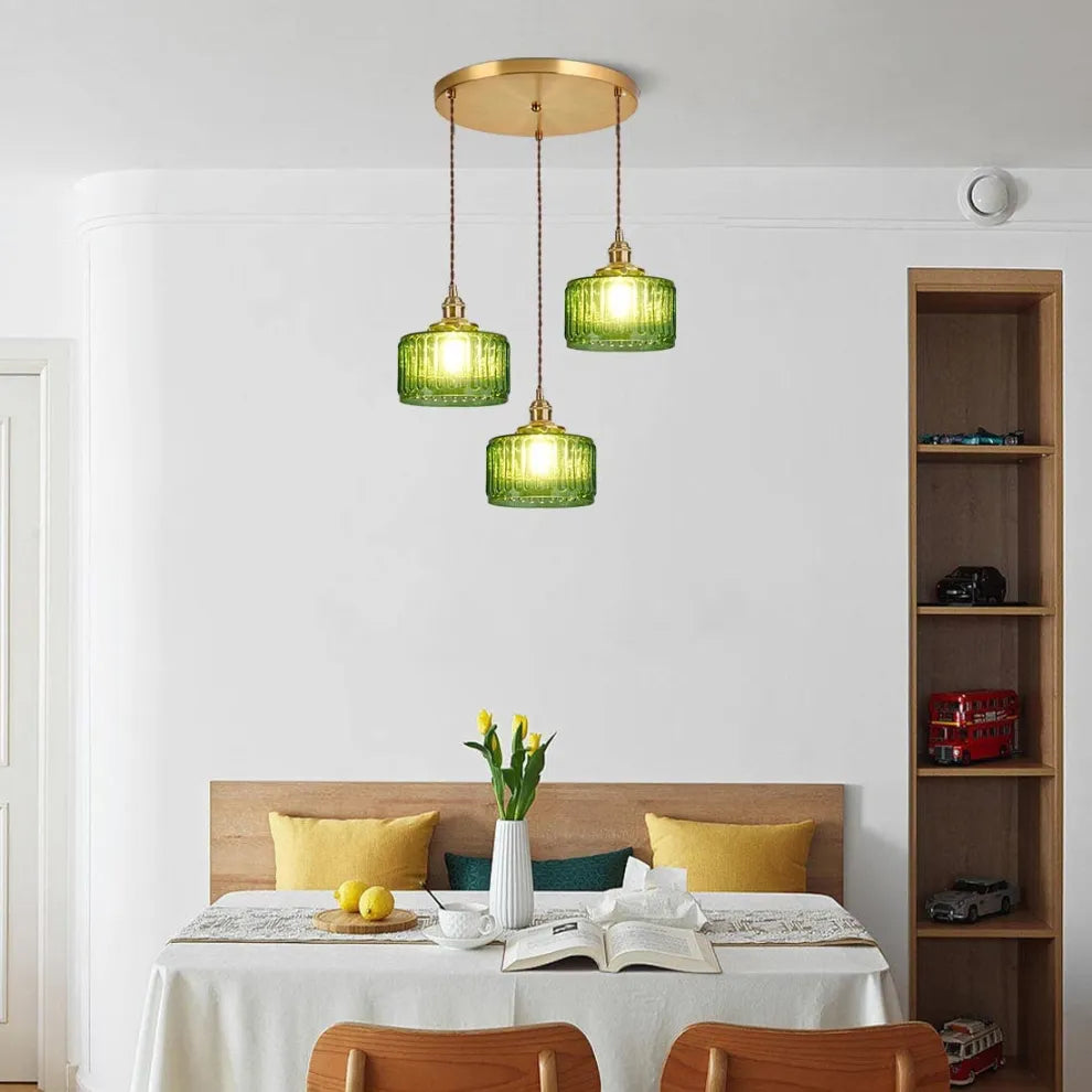 Fluted Glass Short Cylinder Pendant LED Light in Vintage Style