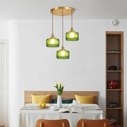 Fluted Glass Short Cylinder Pendant LED Light in Vintage Style