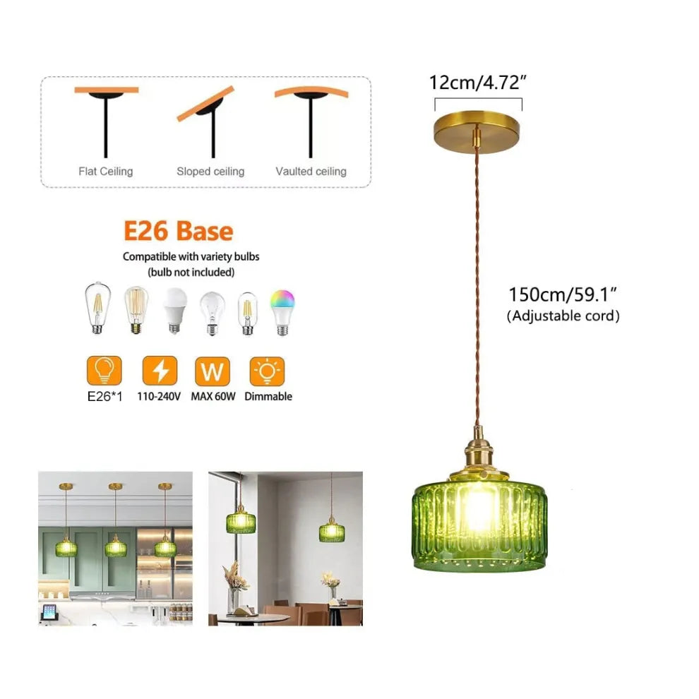 Fluted Glass Short Cylinder Pendant LED Light in Vintage Style