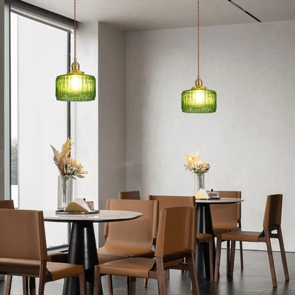 Fluted Glass Short Cylinder Pendant LED Light in Vintage Style