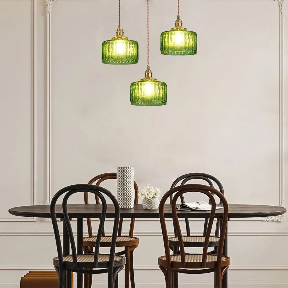 Fluted Glass Short Cylinder Pendant LED Light in Vintage Style