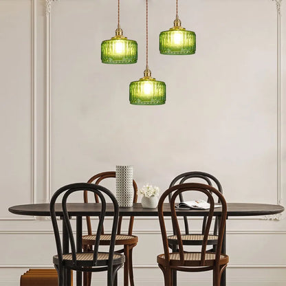 Fluted Glass Short Cylinder Pendant LED Light in Vintage Style