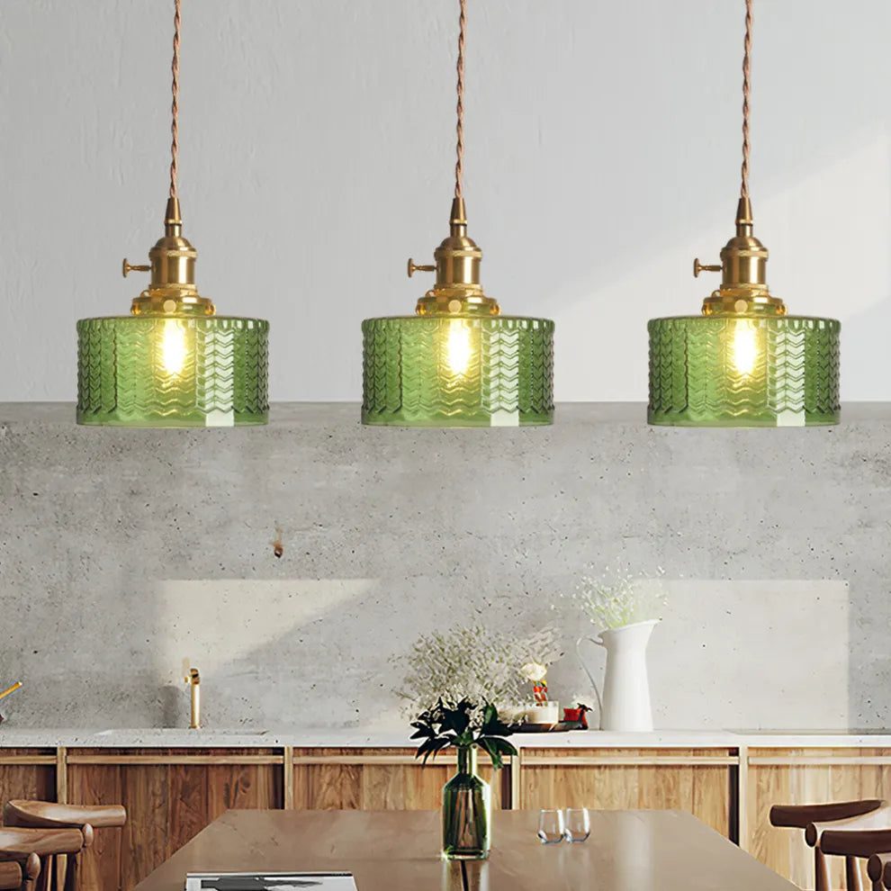 Fluted Glass Short Cylinder Pendant LED Light in Vintage Style