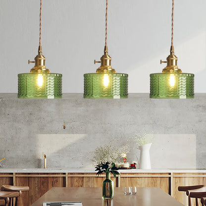 Fluted Glass Short Cylinder Pendant LED Light in Vintage Style