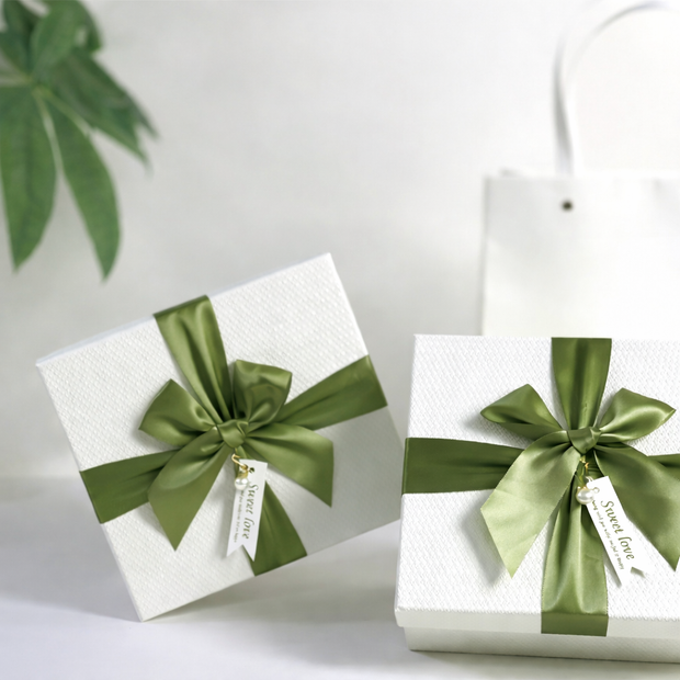 Retro Cream-White Gift Box with Green Ribbon