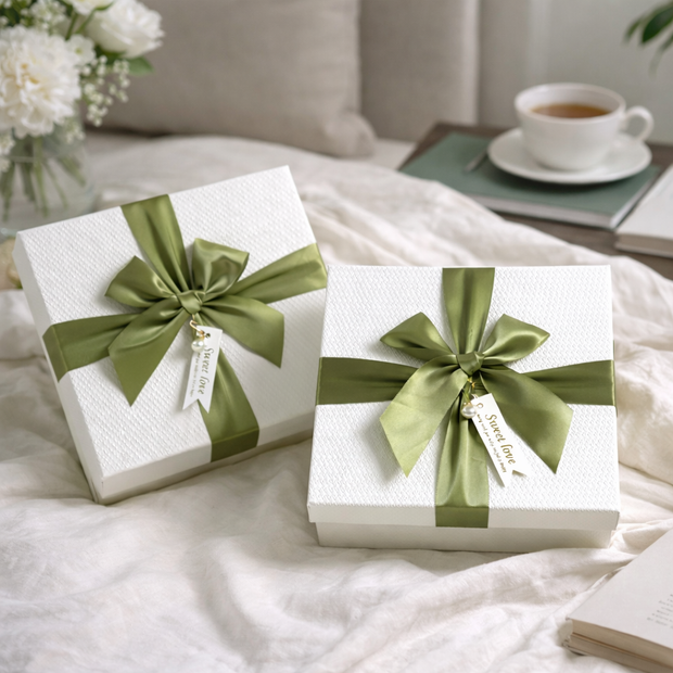 Retro Cream-White Gift Box with Green Ribbon
