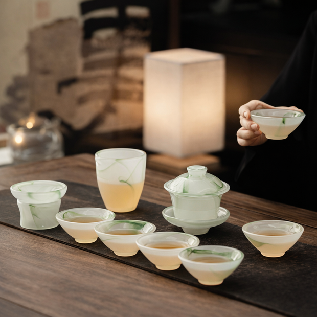 Chinese Green Jade Glass Gongfu Tea Set