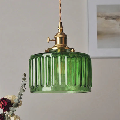 Fluted Glass Short Cylinder Pendant LED Light in Vintage Style