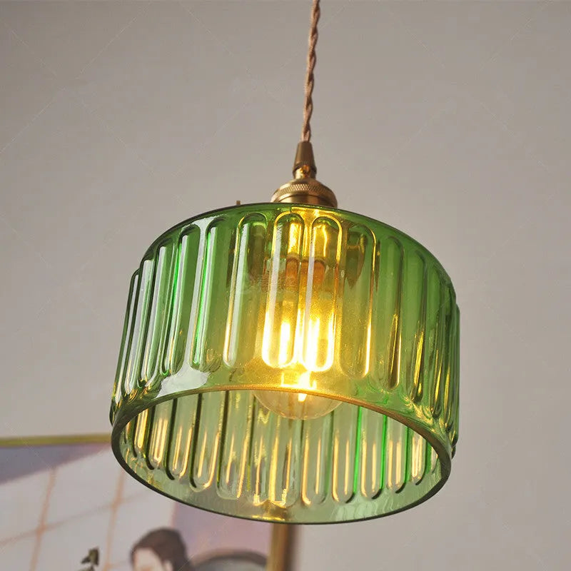 Fluted Glass Short Cylinder Pendant LED Light in Vintage Style