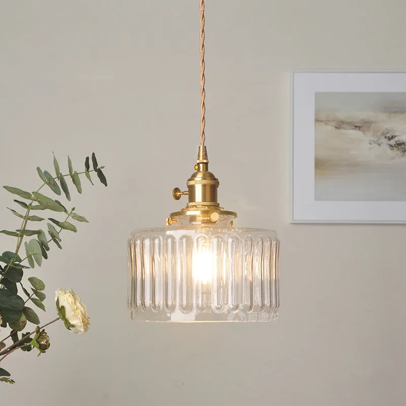 Fluted Glass Short Cylinder Pendant LED Light in Vintage Style