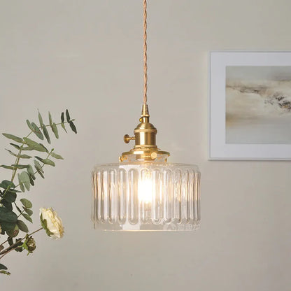 Fluted Glass Short Cylinder Pendant LED Light in Vintage Style