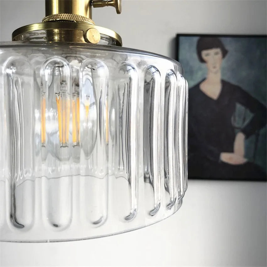 Fluted Glass Short Cylinder Pendant LED Light in Vintage Style