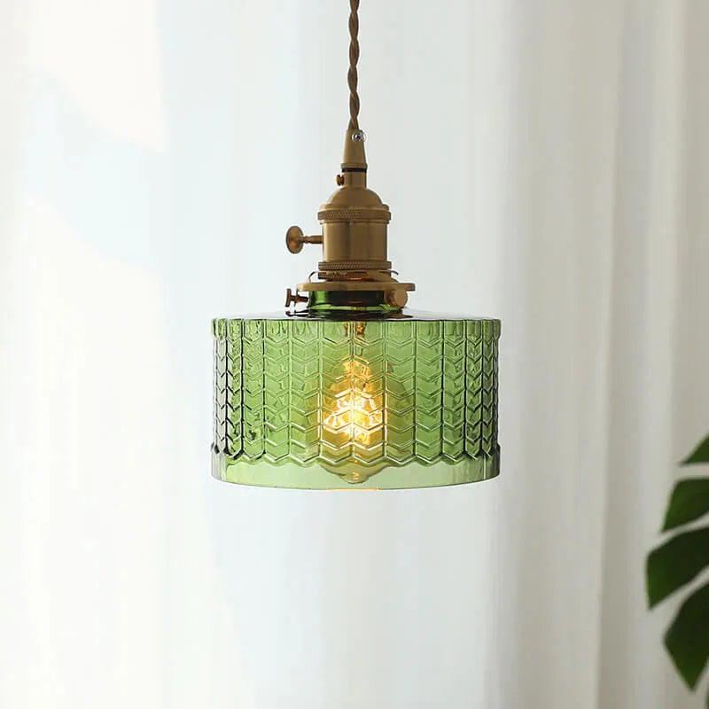 Fluted Glass Short Cylinder Pendant LED Light in Vintage Style
