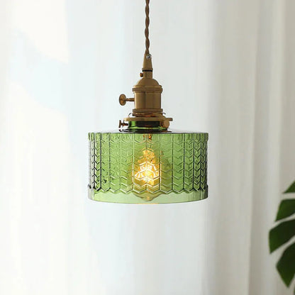 Fluted Glass Short Cylinder Pendant LED Light in Vintage Style