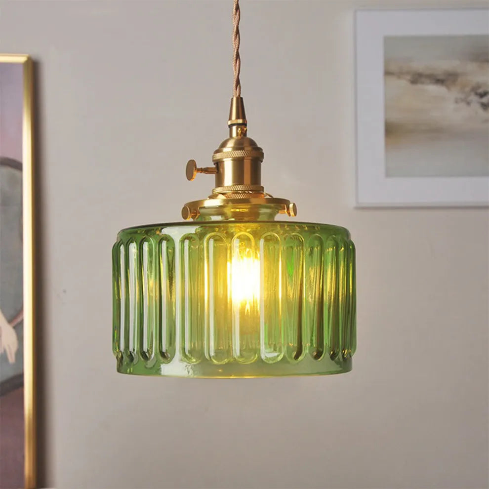 Fluted Glass Short Cylinder Pendant LED Light in Vintage Style