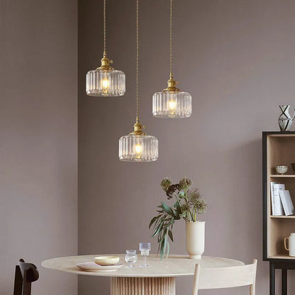 Fluted Glass Short Cylinder Pendant LED Light in Vintage Style