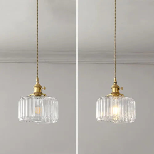 Fluted Glass Short Cylinder Pendant LED Light in Vintage Style