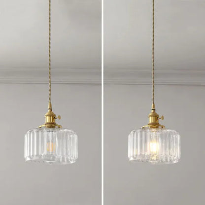 Fluted Glass Short Cylinder Pendant LED Light in Vintage Style