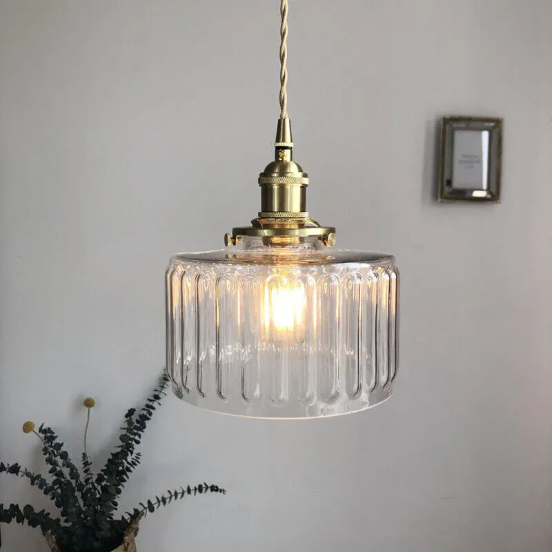 Fluted Glass Short Cylinder Pendant LED Light in Vintage Style
