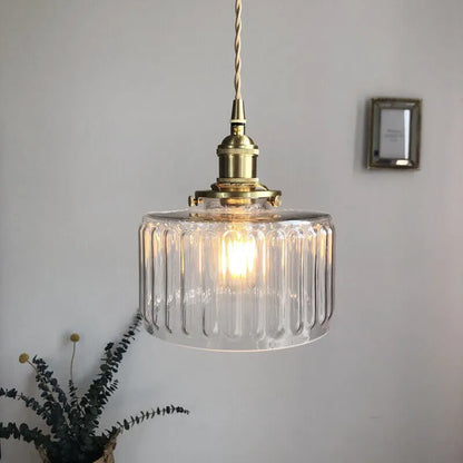 Fluted Glass Short Cylinder Pendant LED Light in Vintage Style