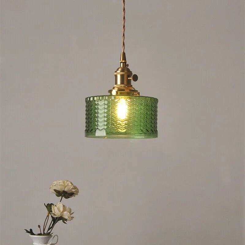 Fluted Glass Short Cylinder Pendant LED Light in Vintage Style