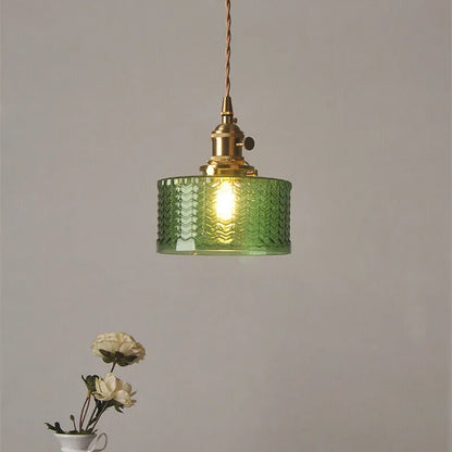Fluted Glass Short Cylinder Pendant LED Light in Vintage Style